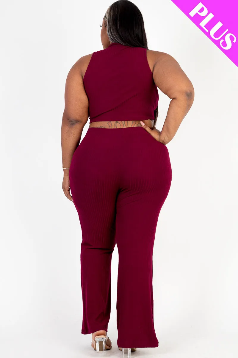 Plus Size Ribbed Mock Neck Crop Tank Top& Bootcut Pants Set