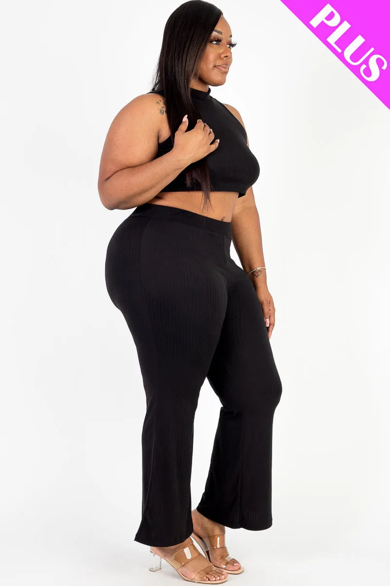 Plus Size Ribbed Mock Neck Crop Tank Top& Bootcut Pants Set