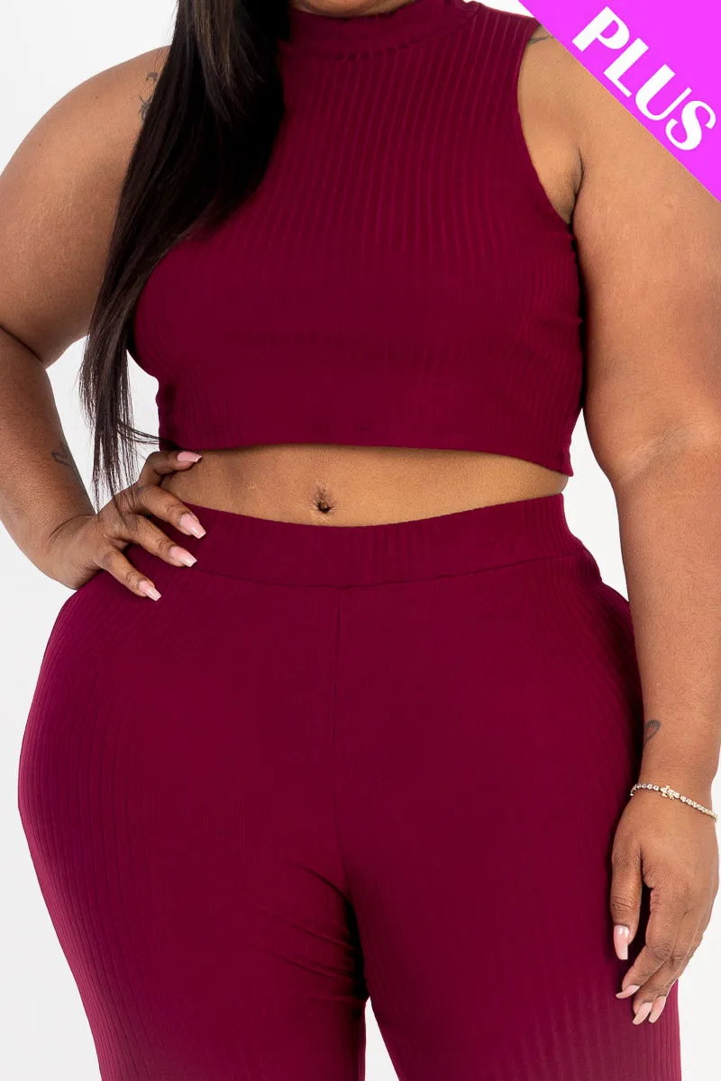 Plus Size Ribbed Mock Neck Crop Tank Top& Bootcut Pants Set