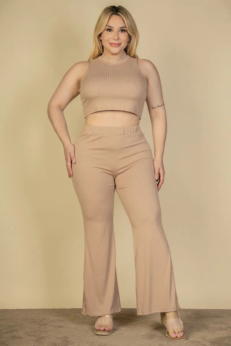 Plus Size Ribbed Mock Neck Crop Tank Top& Bootcut Pants Set