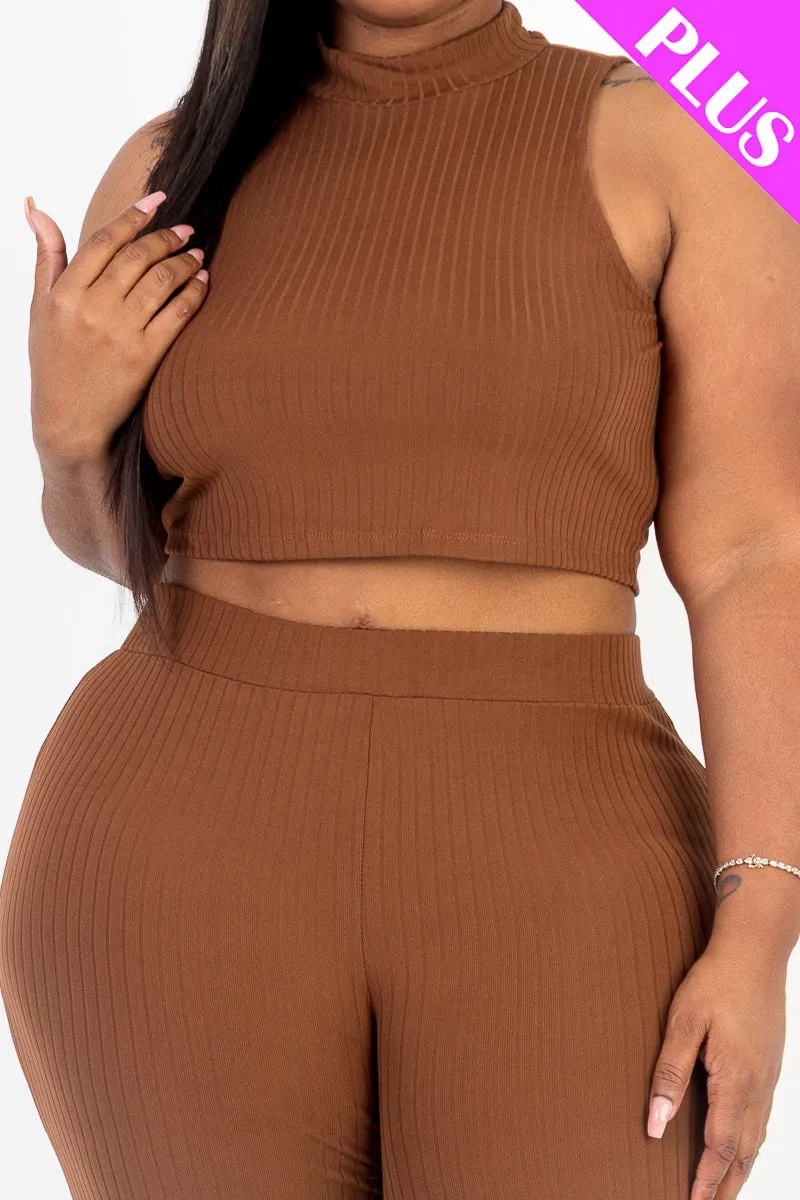 Plus Size Ribbed Mock Neck Crop Tank Top& Bootcut Pants Set