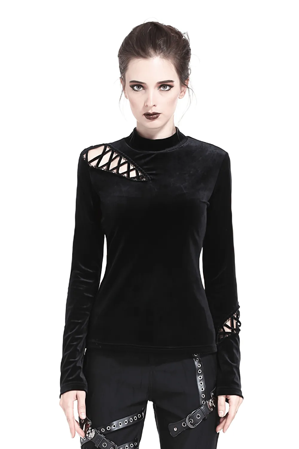 Punk Goth Lace-Up Velvet Turtleneck - Darkwear Top