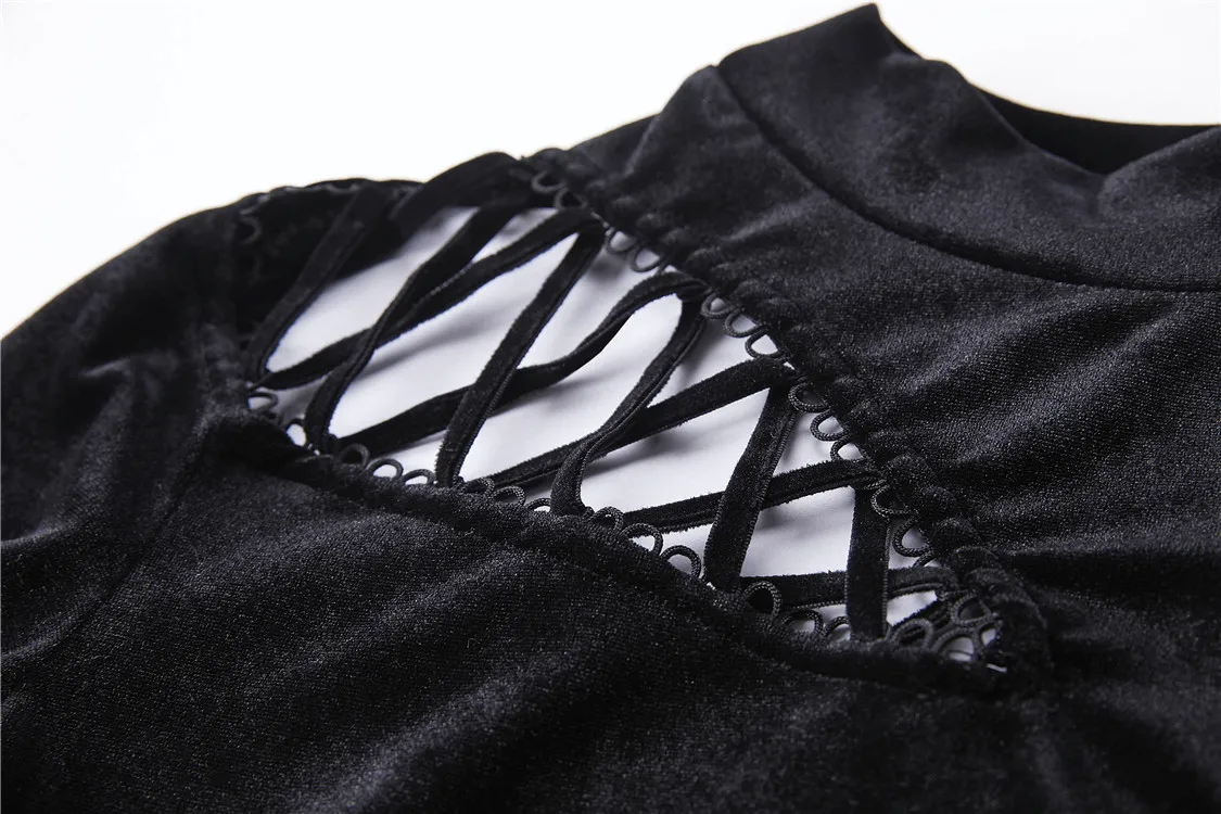 Punk Goth Lace-Up Velvet Turtleneck - Darkwear Top