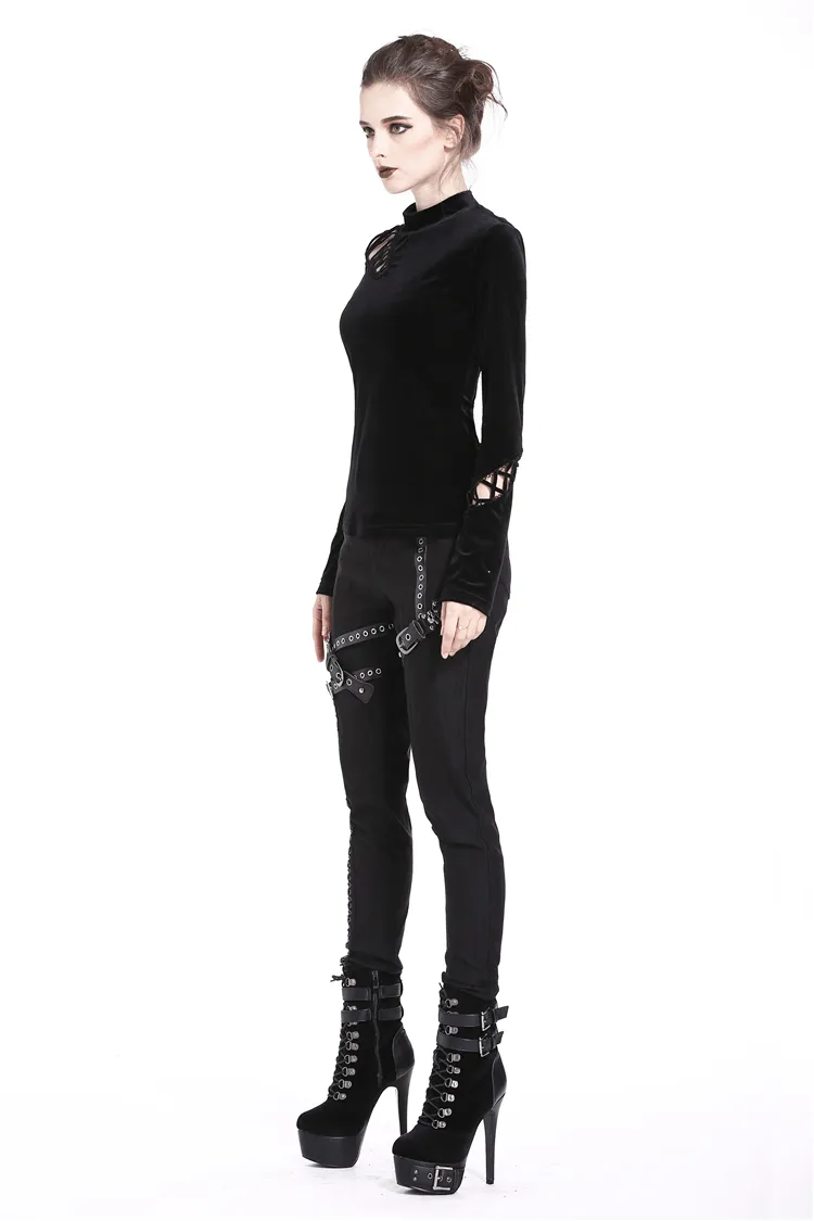 Punk Goth Lace-Up Velvet Turtleneck - Darkwear Top