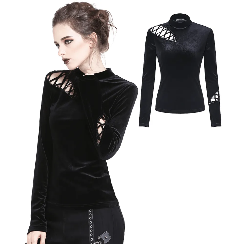 Punk Goth Lace-Up Velvet Turtleneck - Darkwear Top