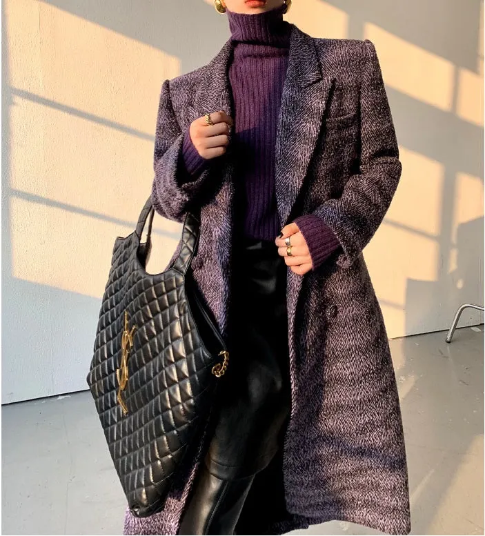 Purple WANXO coffee color herringbone quilted woolen coat new mid-length suit woolen coat- Passion