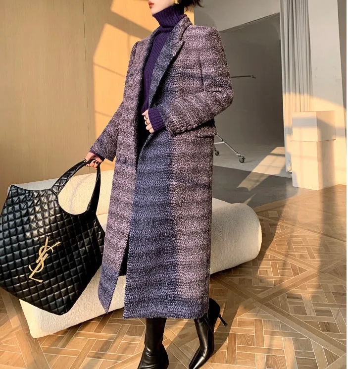 Purple WANXO coffee color herringbone quilted woolen coat new mid-length suit woolen coat- Passion