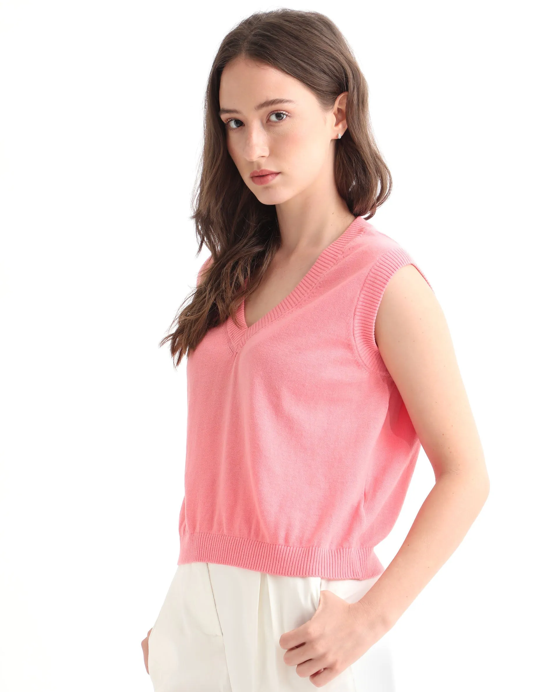 Rareism Women Madelyn Pink Cotton Fabric Sleeveless Knee Length Regular Fit Solid V-Neck Sweater