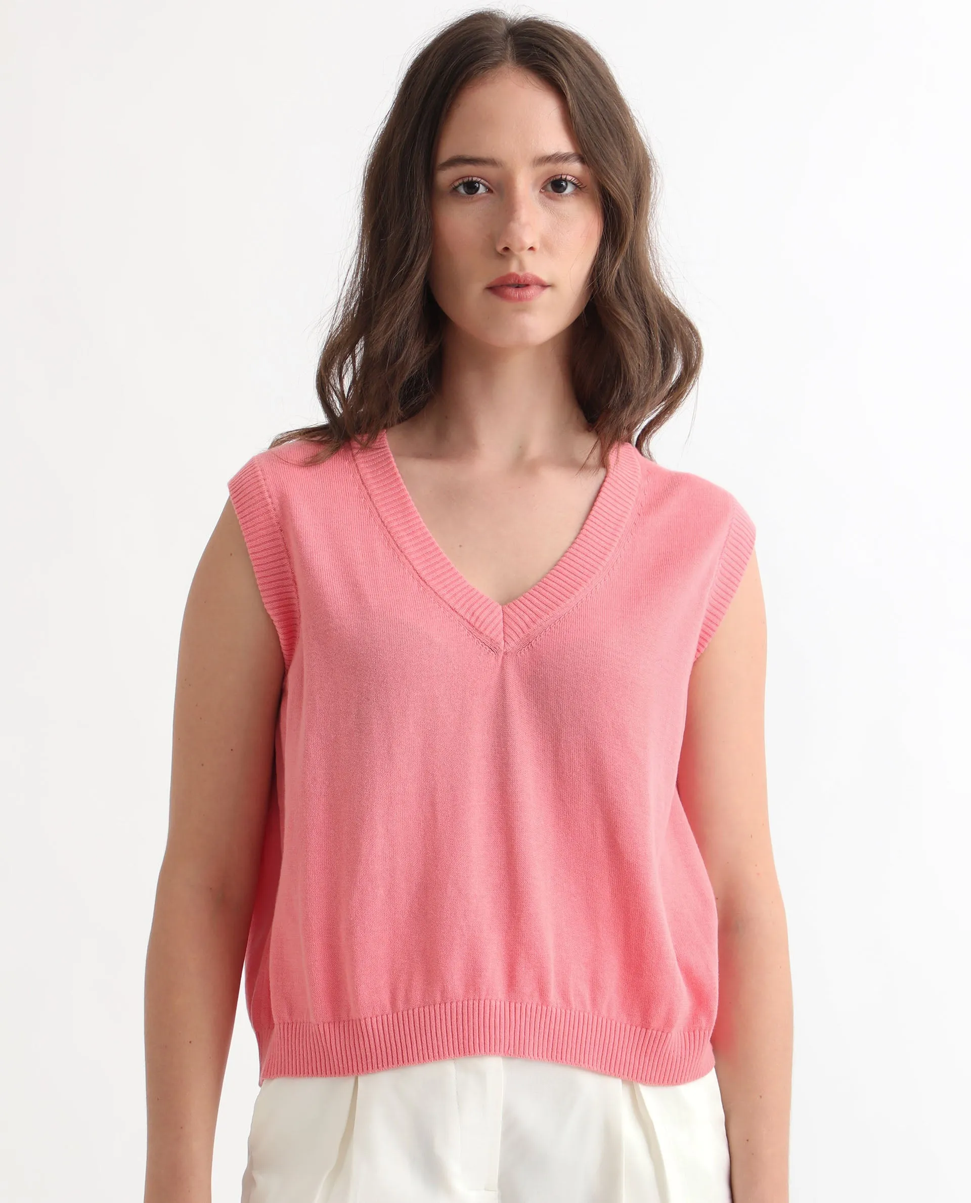 Rareism Women Madelyn Pink Cotton Fabric Sleeveless Knee Length Regular Fit Solid V-Neck Sweater