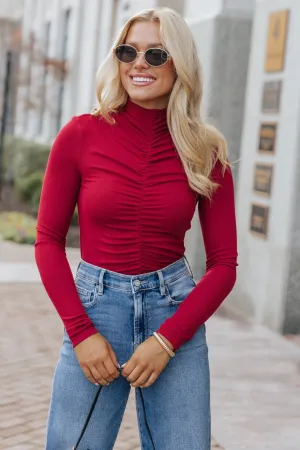 Red Cinched Mock Neck Top - FINAL SALE