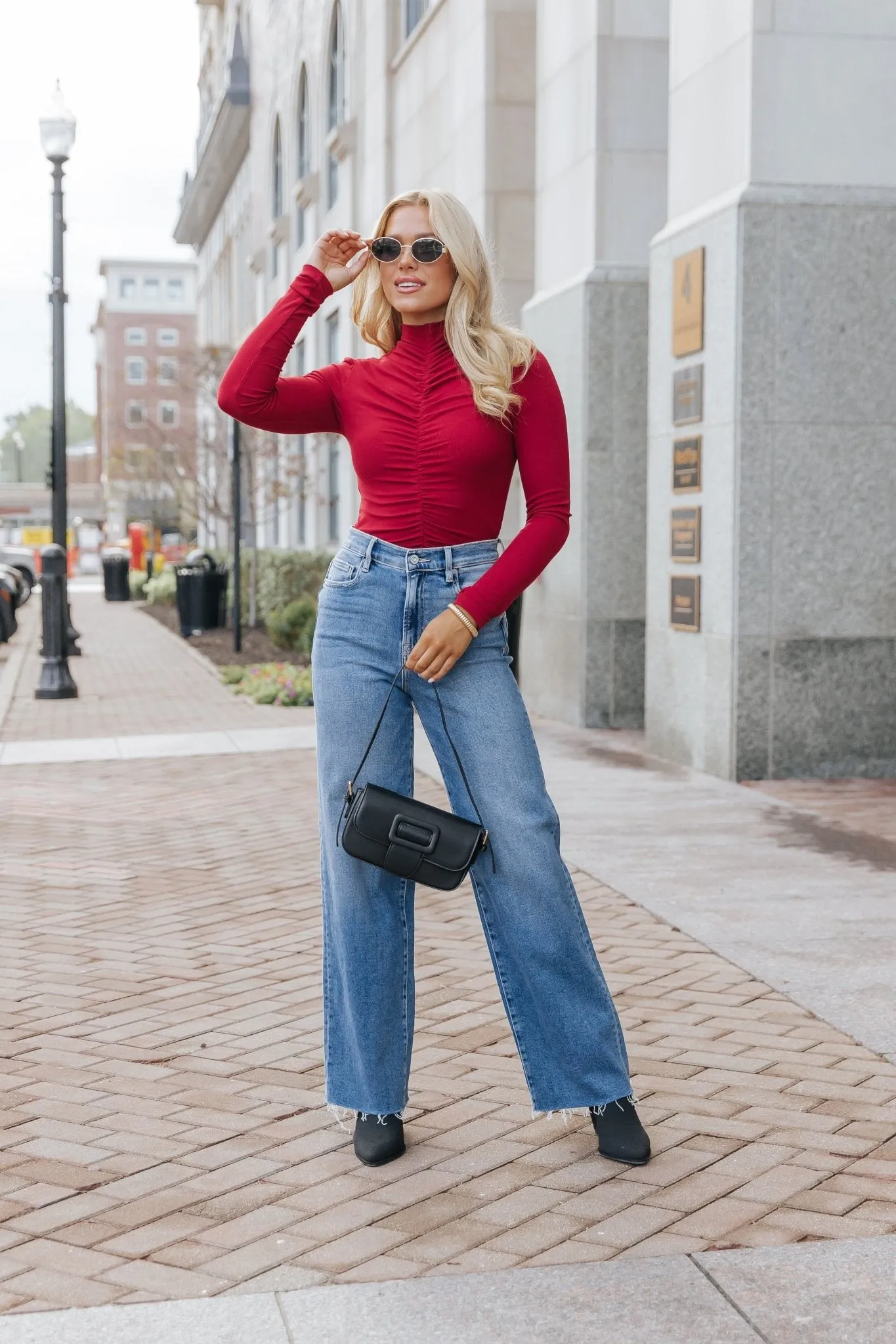 Red Cinched Mock Neck Top - FINAL SALE