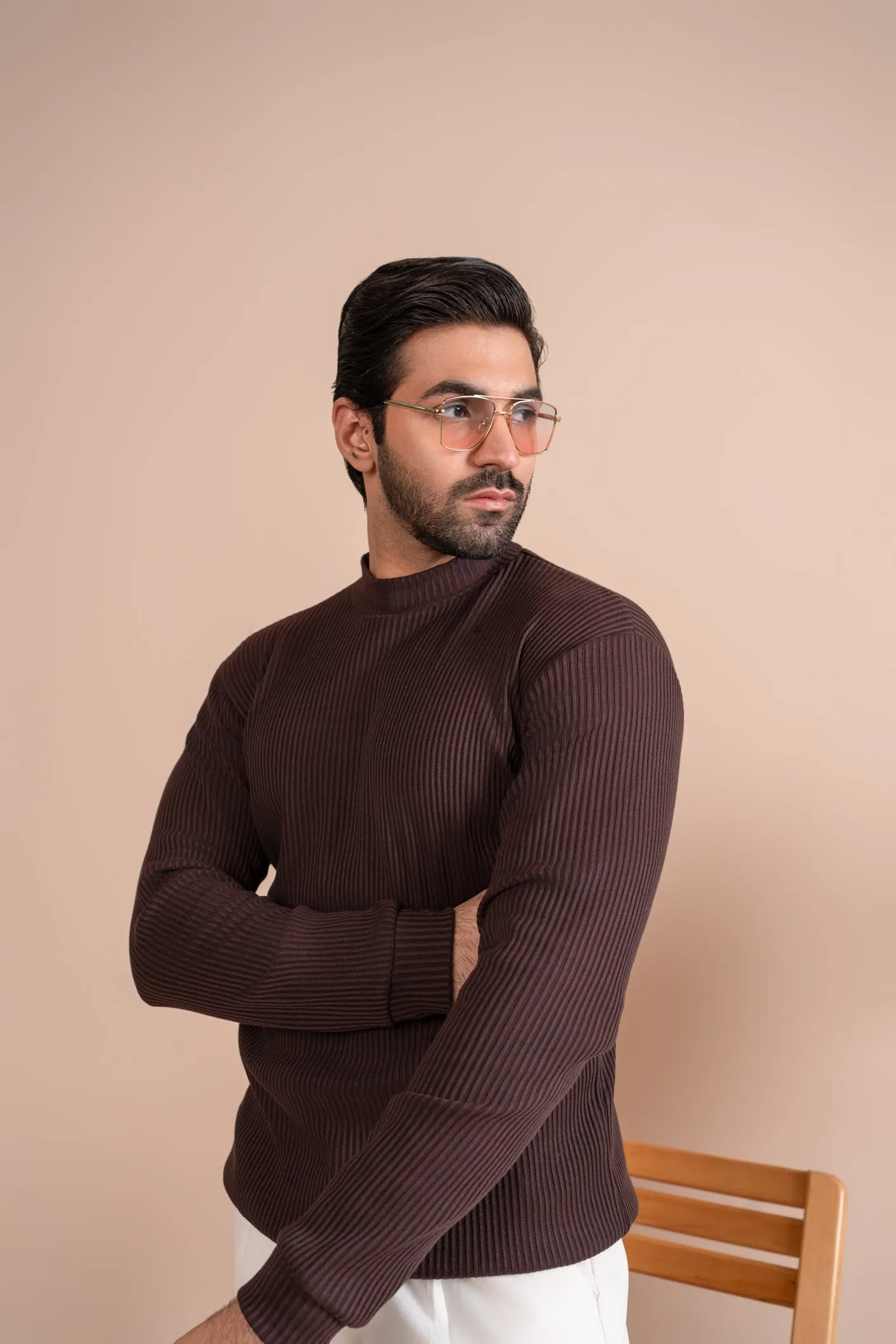 Ribbed Brown Mock Neck - Men