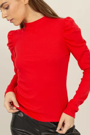 RIBBED MOCK NECK PUFF SLEEVE TOP