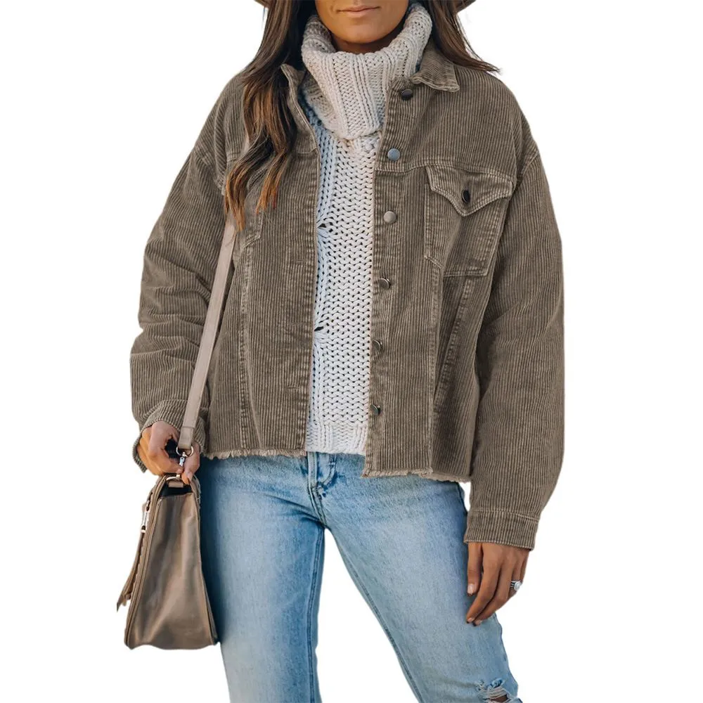 Ripped Hem Oversized Tan Corduroy Trucker Jacket Best Winter Cord Coat Womens