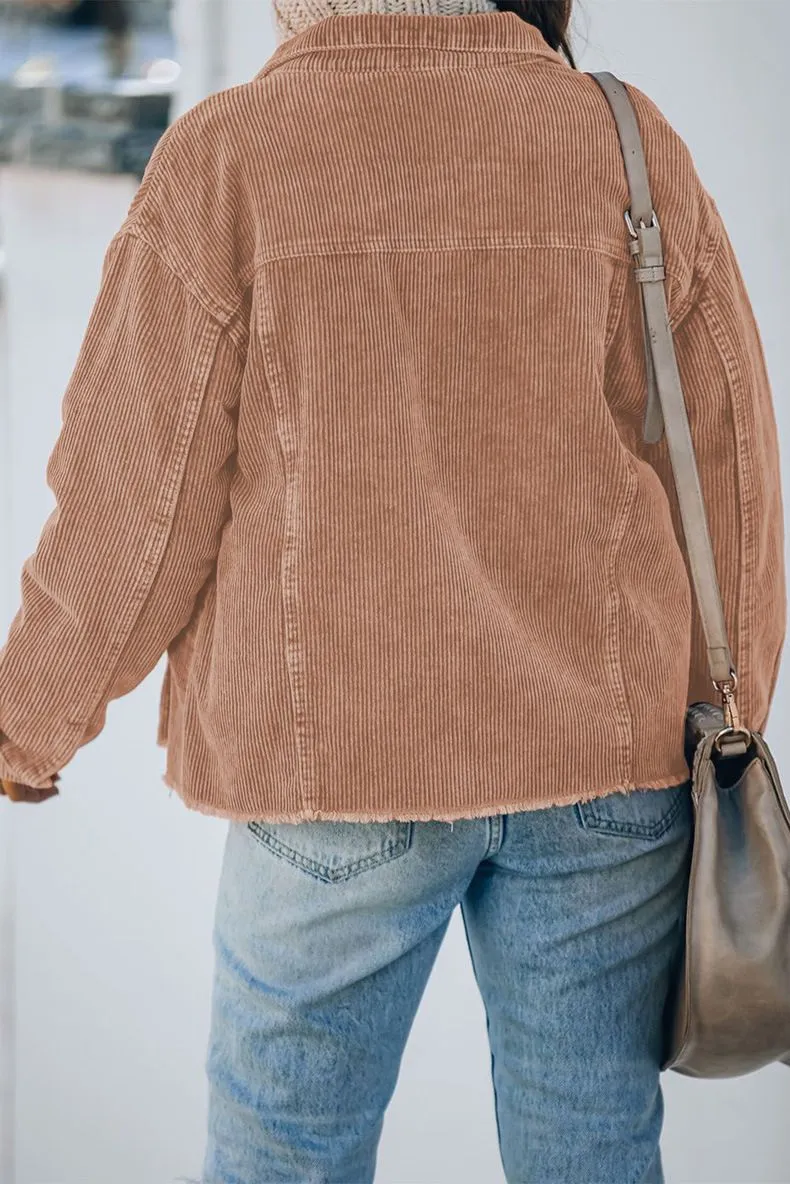 Ripped Hem Oversized Tan Corduroy Trucker Jacket Best Winter Cord Coat Womens