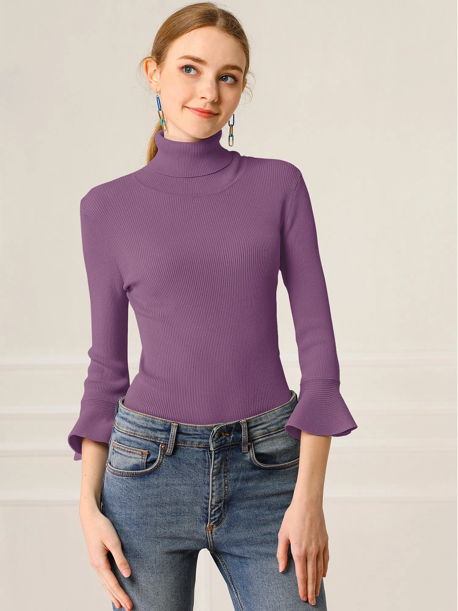 Ruffled 3/4 Sleeve Turtleneck Knitted Pullover Sweater