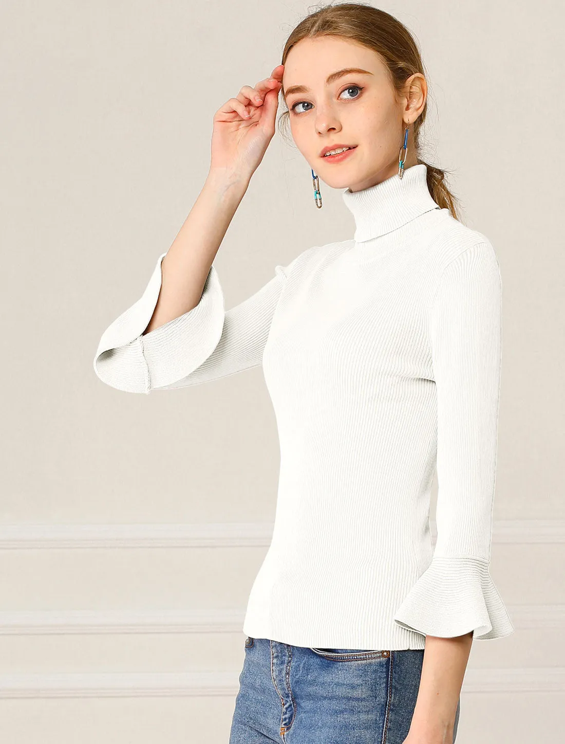 Ruffled 3/4 Sleeve Turtleneck Knitted Pullover Sweater