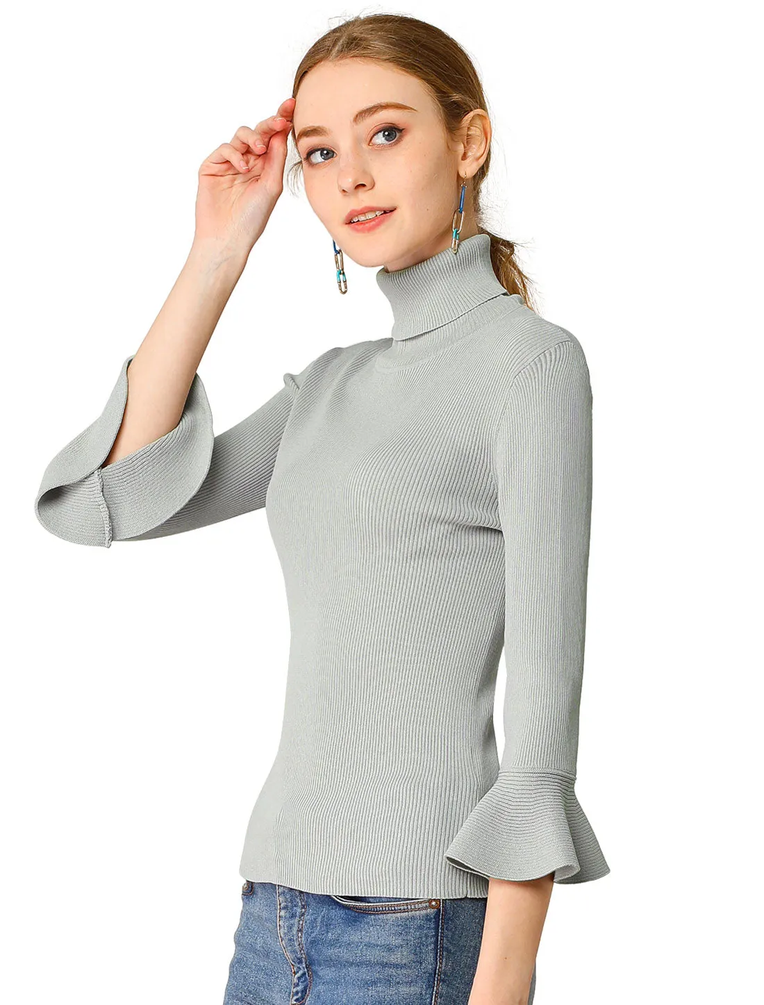 Ruffled 3/4 Sleeve Turtleneck Knitted Pullover Sweater