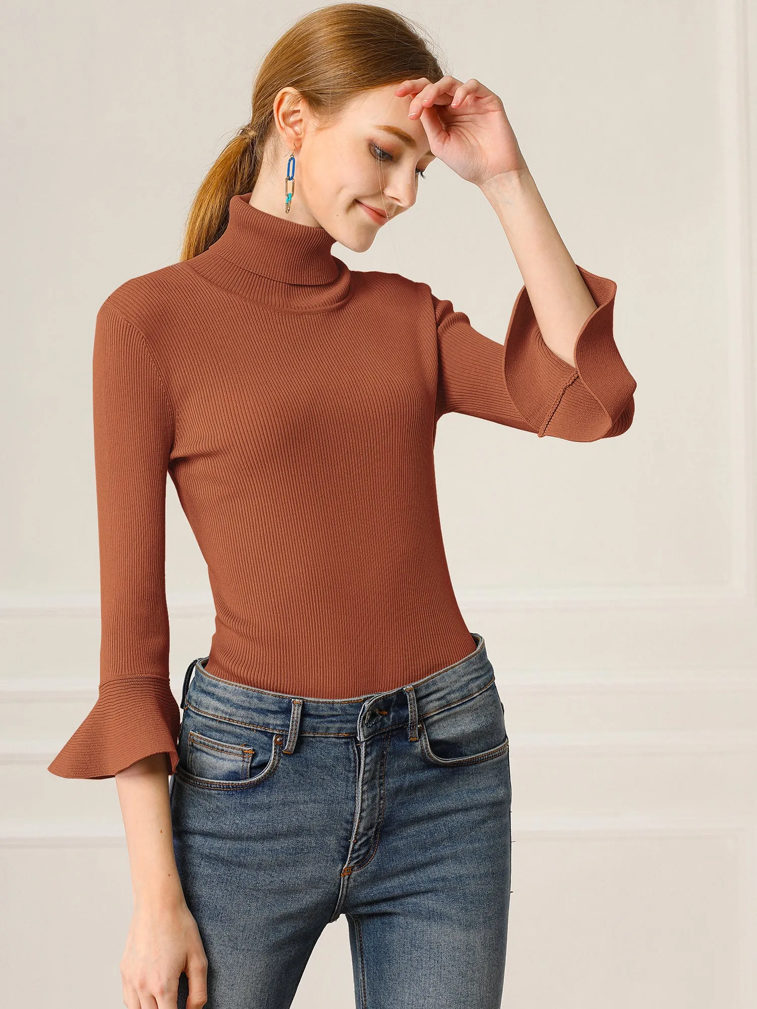 Ruffled 3/4 Sleeve Turtleneck Knitted Pullover Sweater