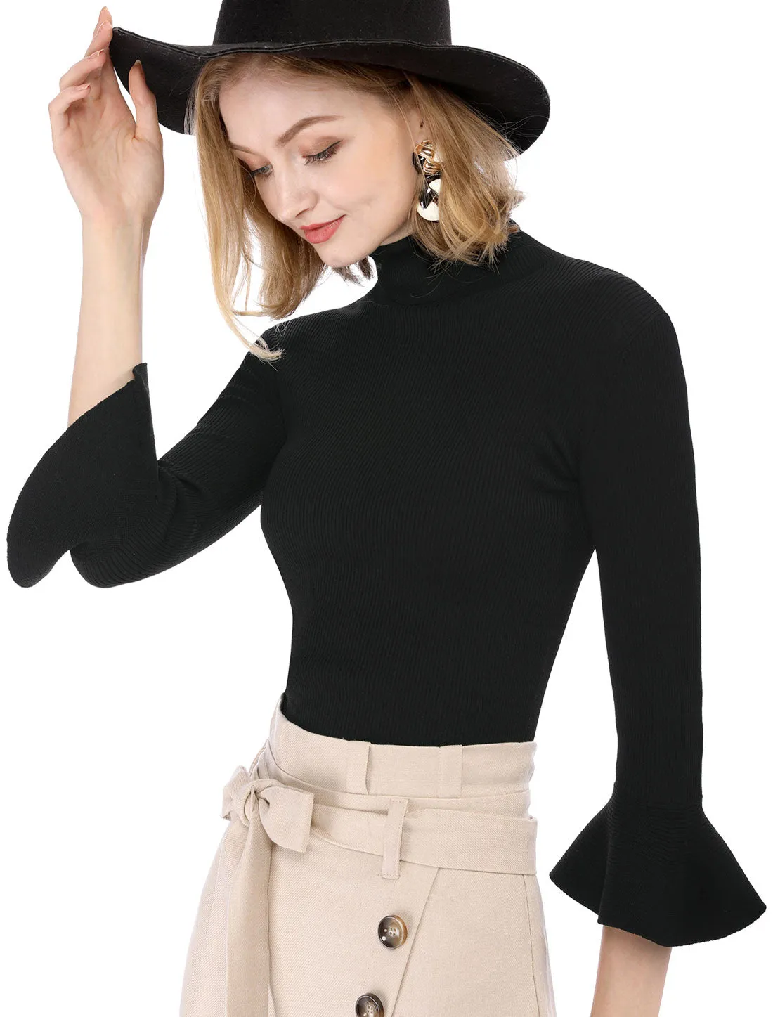 Ruffled 3/4 Sleeve Turtleneck Knitted Pullover Sweater