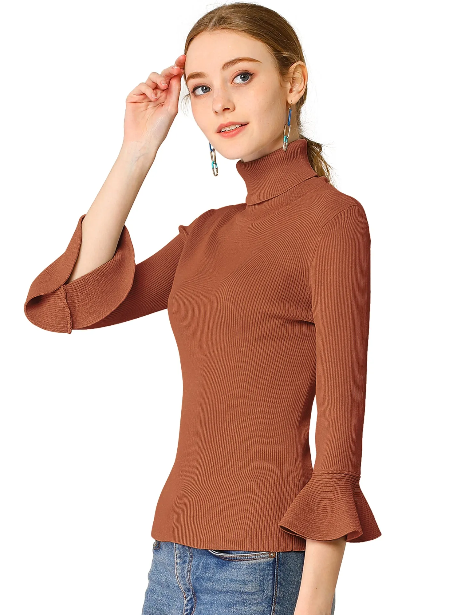 Ruffled 3/4 Sleeve Turtleneck Knitted Pullover Sweater