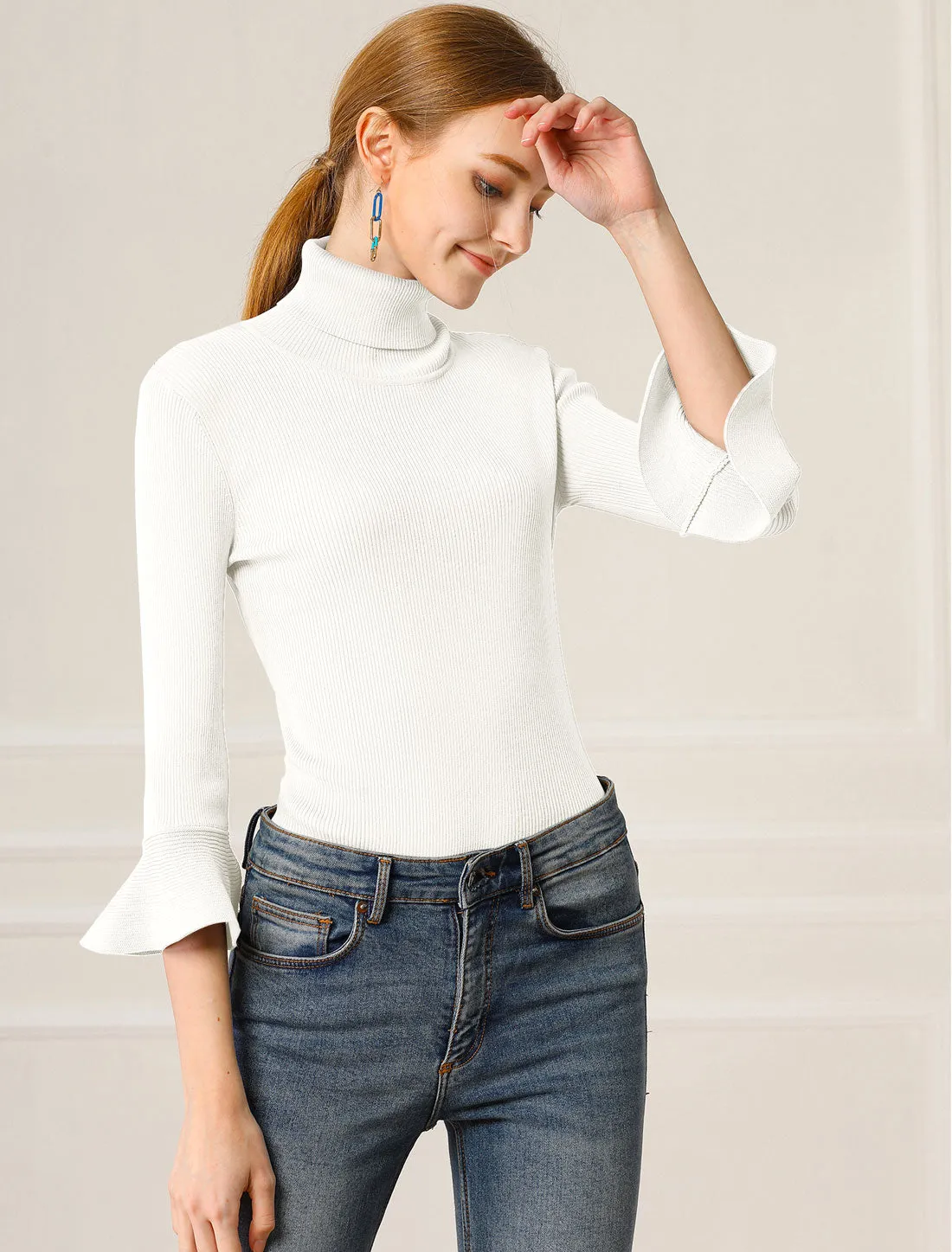 Ruffled 3/4 Sleeve Turtleneck Knitted Pullover Sweater