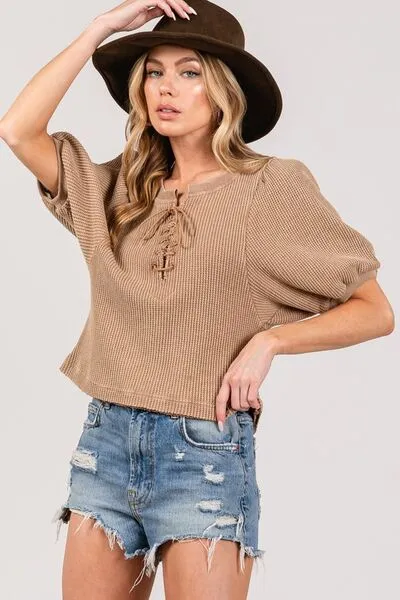 SAGE FIG Lace-Up Waffle Knit Crop Top