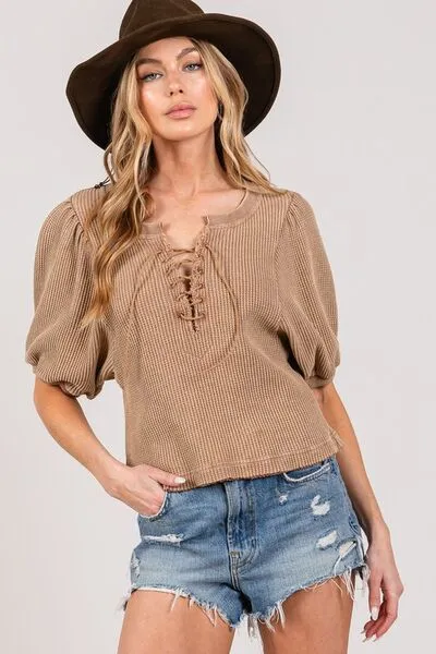 SAGE FIG Lace-Up Waffle Knit Crop Top