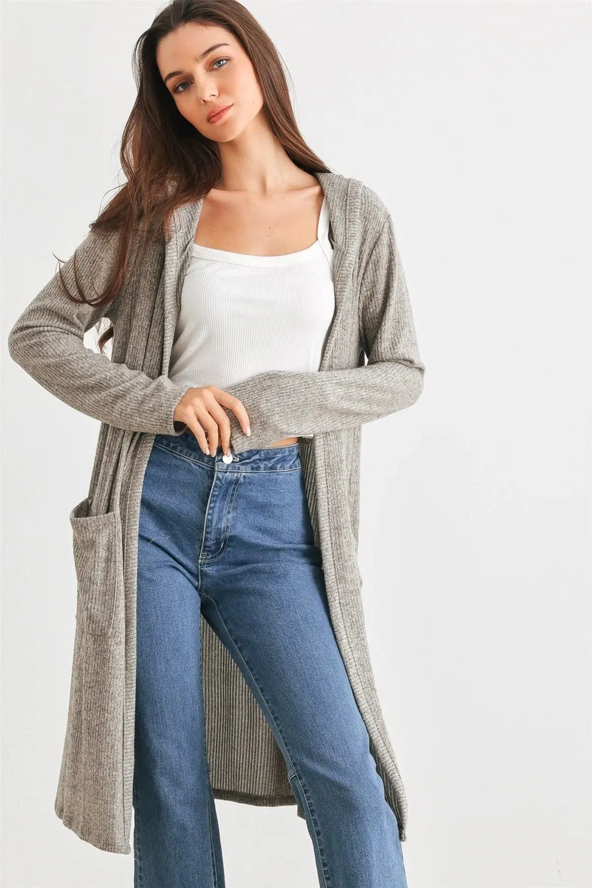 Sand Ribbed Two Pocket Open Front Hooded Cardigan /2-2-2