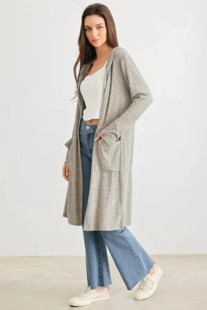 Sand Ribbed Two Pocket Open Front Hooded Cardigan /2-2-2