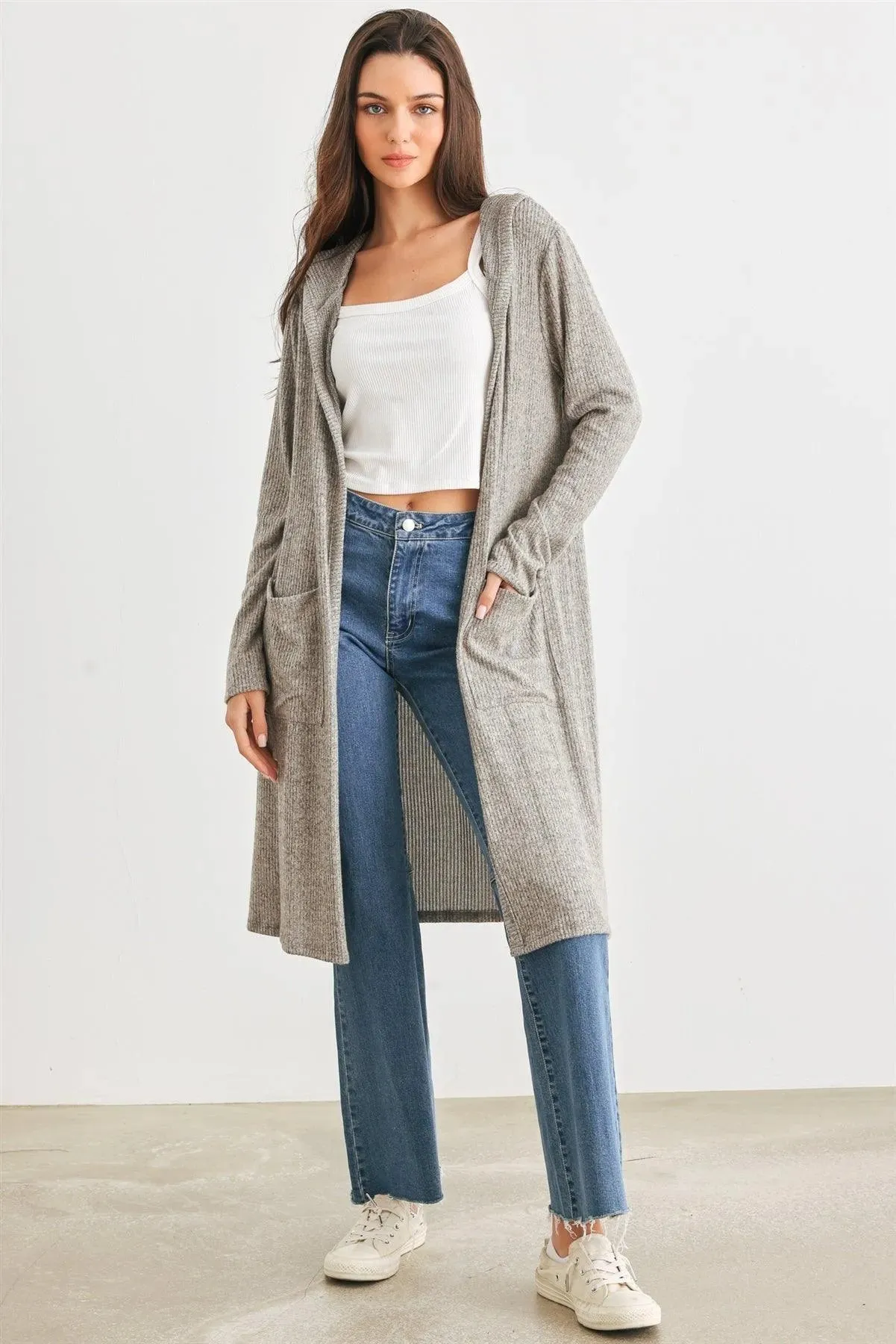 Sand Ribbed Two Pocket Open Front Hooded Cardigan /2-2-2