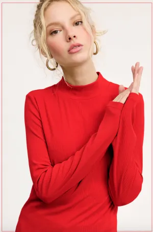 Shelli - Stretchy Ribbed Mock Neck Top (Red)