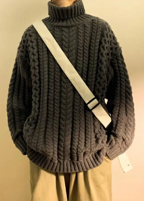 Simple Dark Gray Cozy Cotton Cable Knit Men Sweaters Turtleneck Winter RJ043