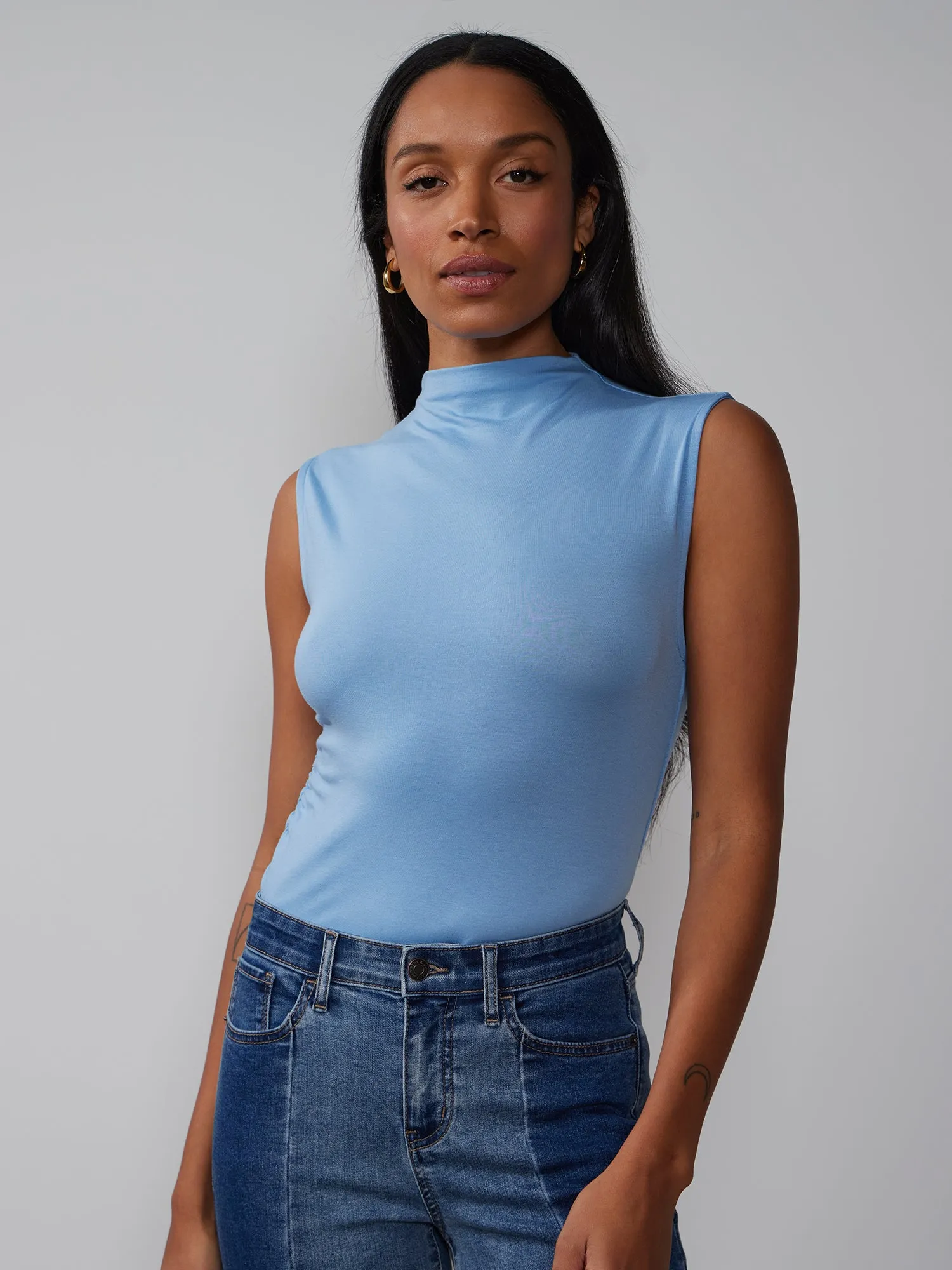 Sleeveless Tencel Jersey Mock Neck Top