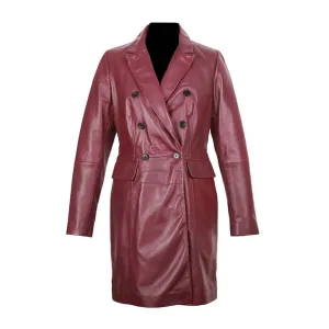 Sophia Women's Real Leather Double Breasted Coat Red