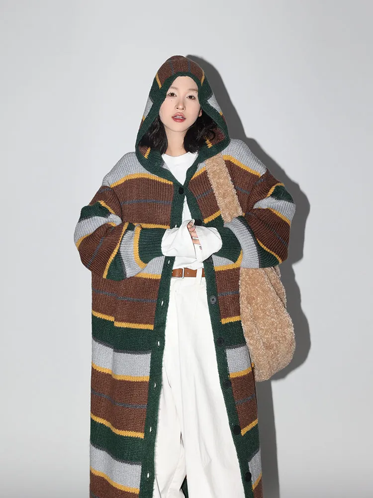 Striped Hooded Knit Sweater Coat for Women: Cozy and Casual Long-Length Knit Sweater Dress with a Touch of Korean Style in Fall-Winter