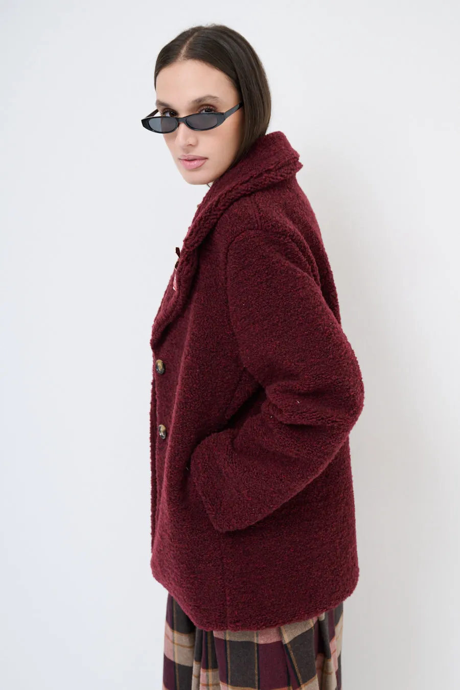 Textured double-breasted coat with lapel collar wholesale