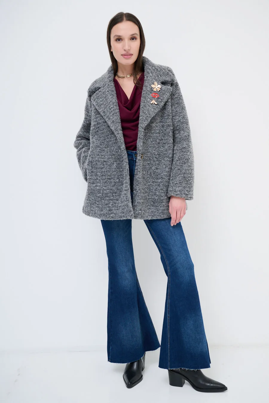 Textured double-breasted coat with lapel collar wholesale