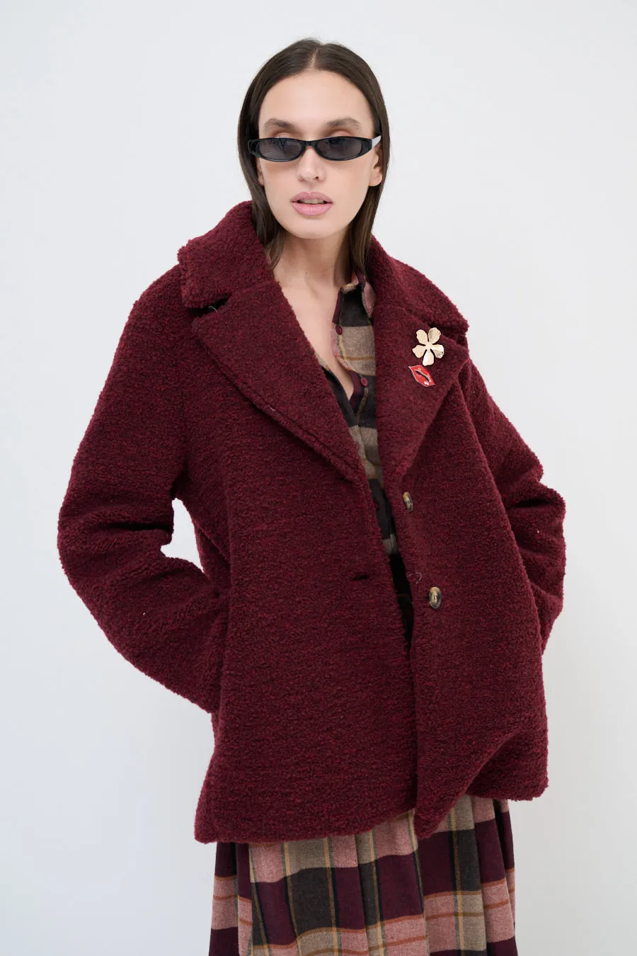 Textured double-breasted coat with lapel collar wholesale