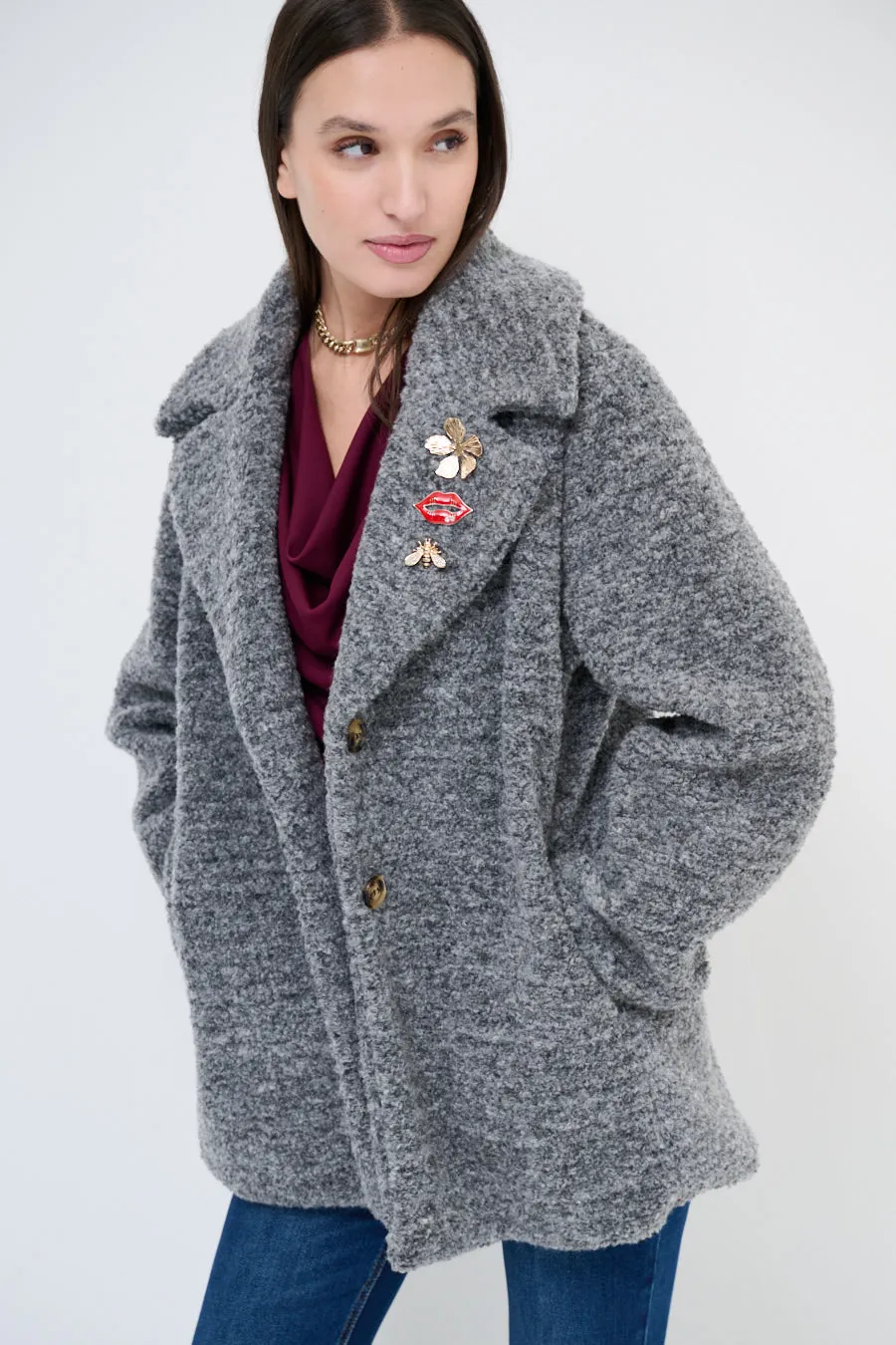 Textured double-breasted coat with lapel collar wholesale