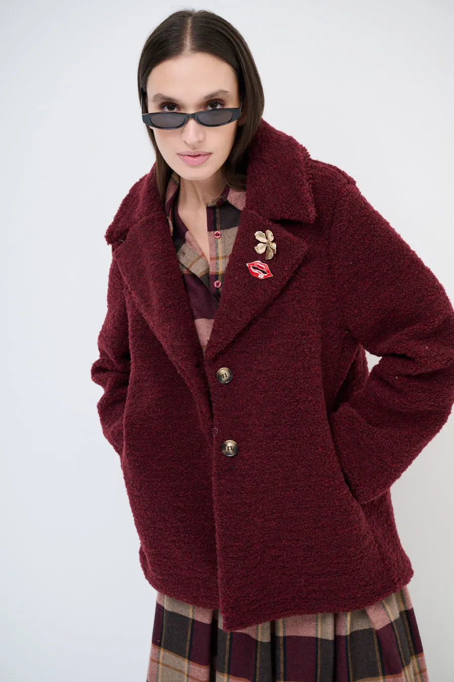 Textured double-breasted coat with lapel collar wholesale