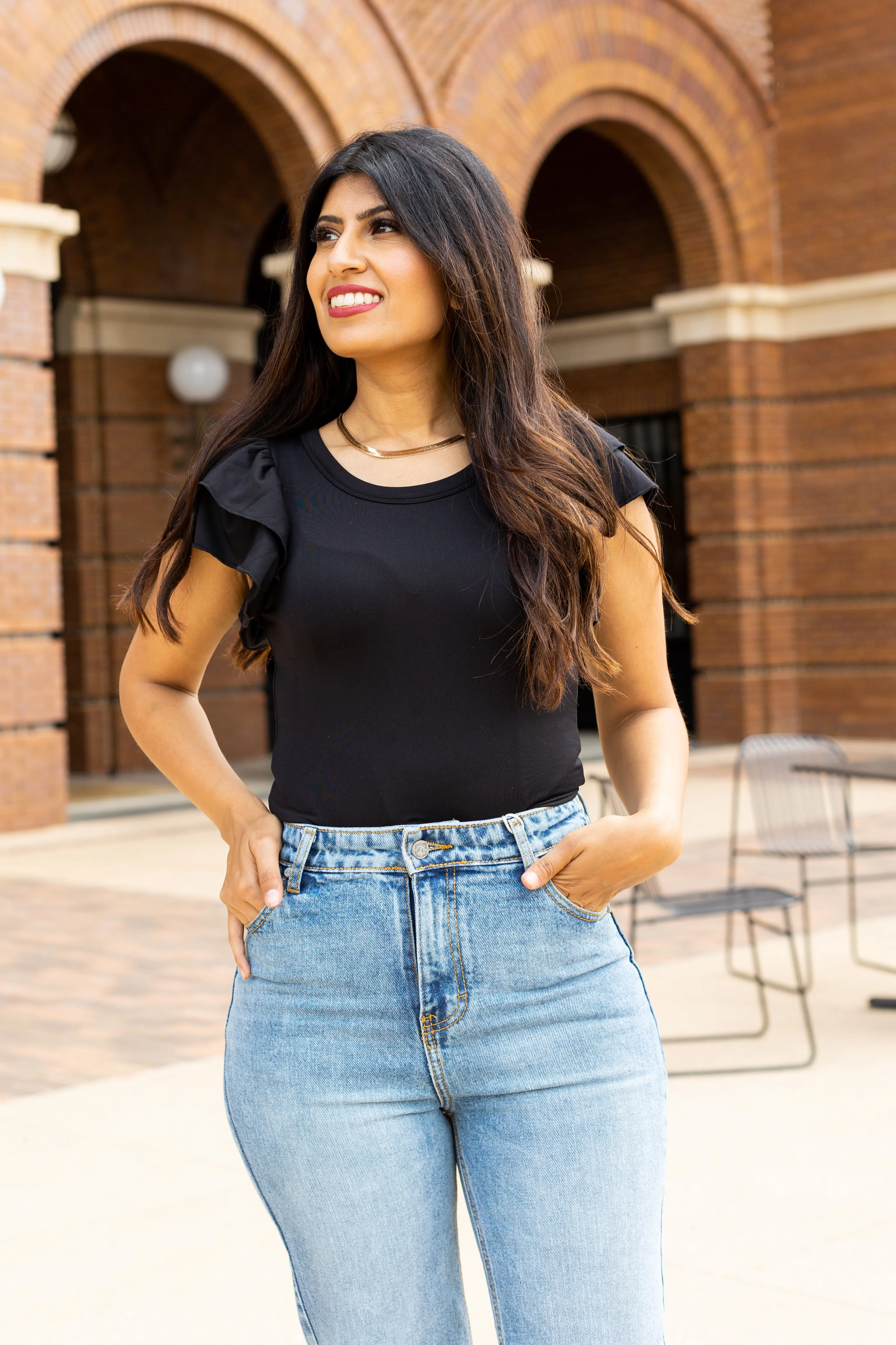 The Eloise Ruffle Sleeve Bodysuit, Black