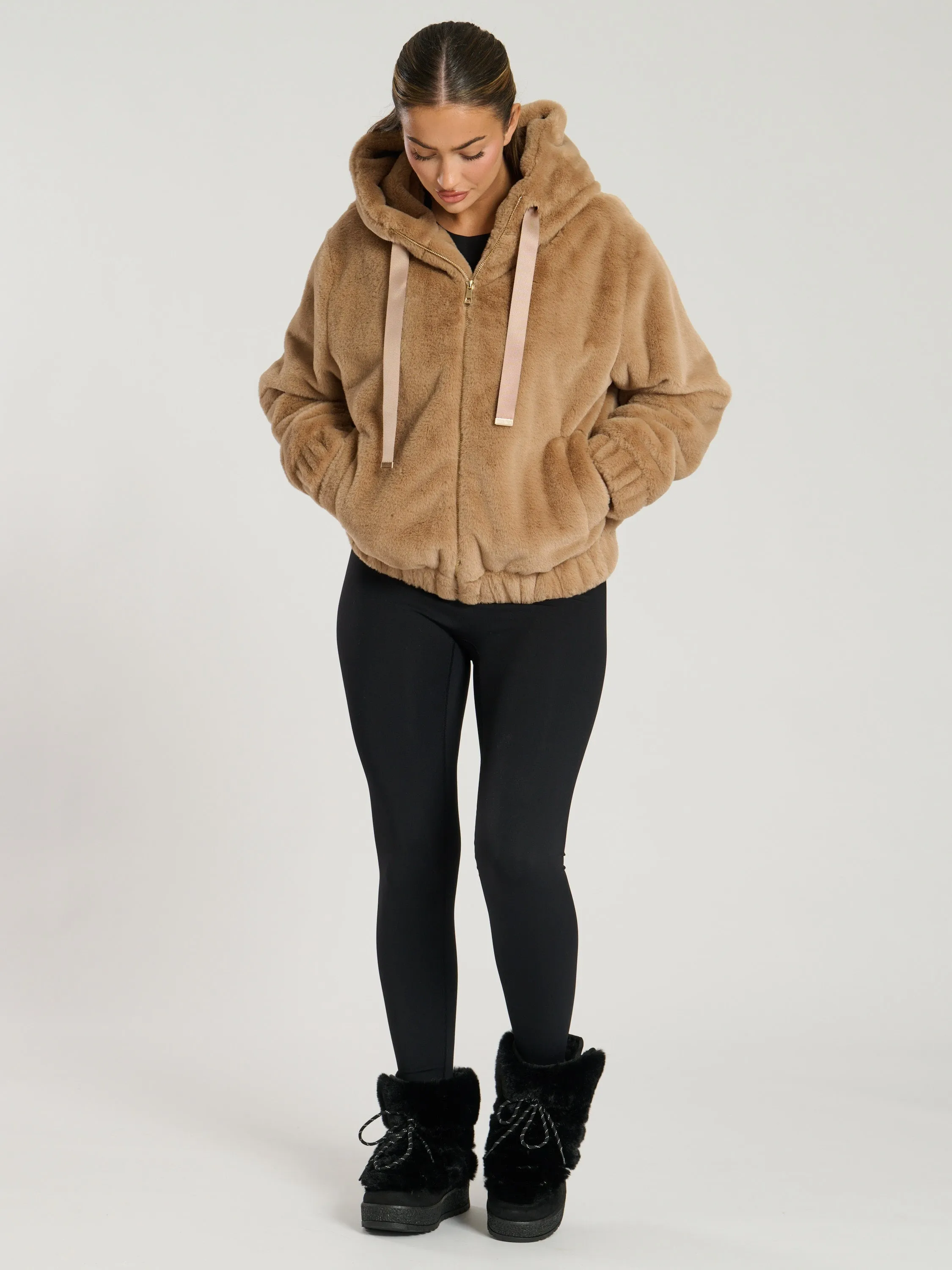 The 'Hibernal' faux fur hooded jacket in toffee