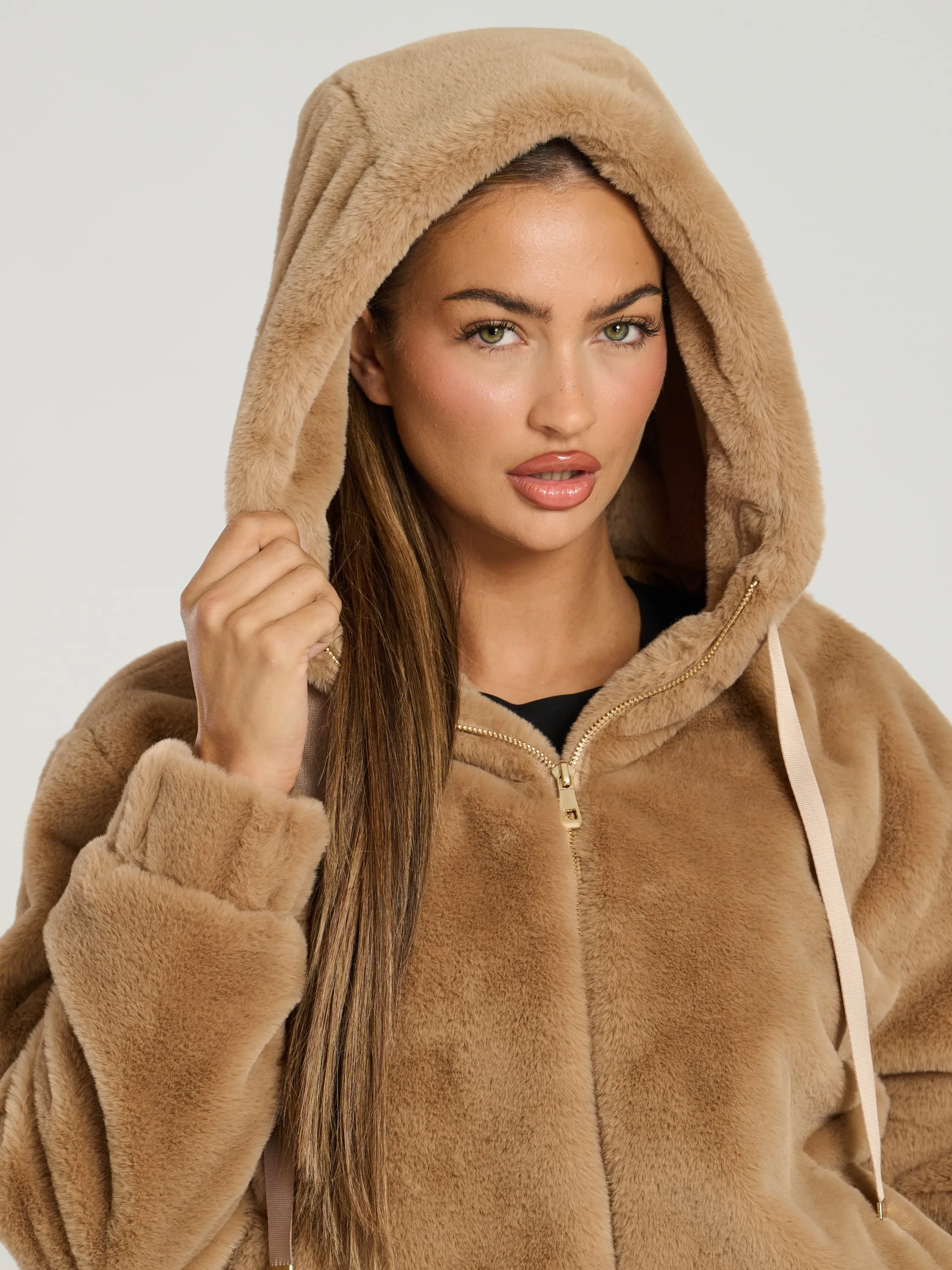 The 'Hibernal' faux fur hooded jacket in toffee