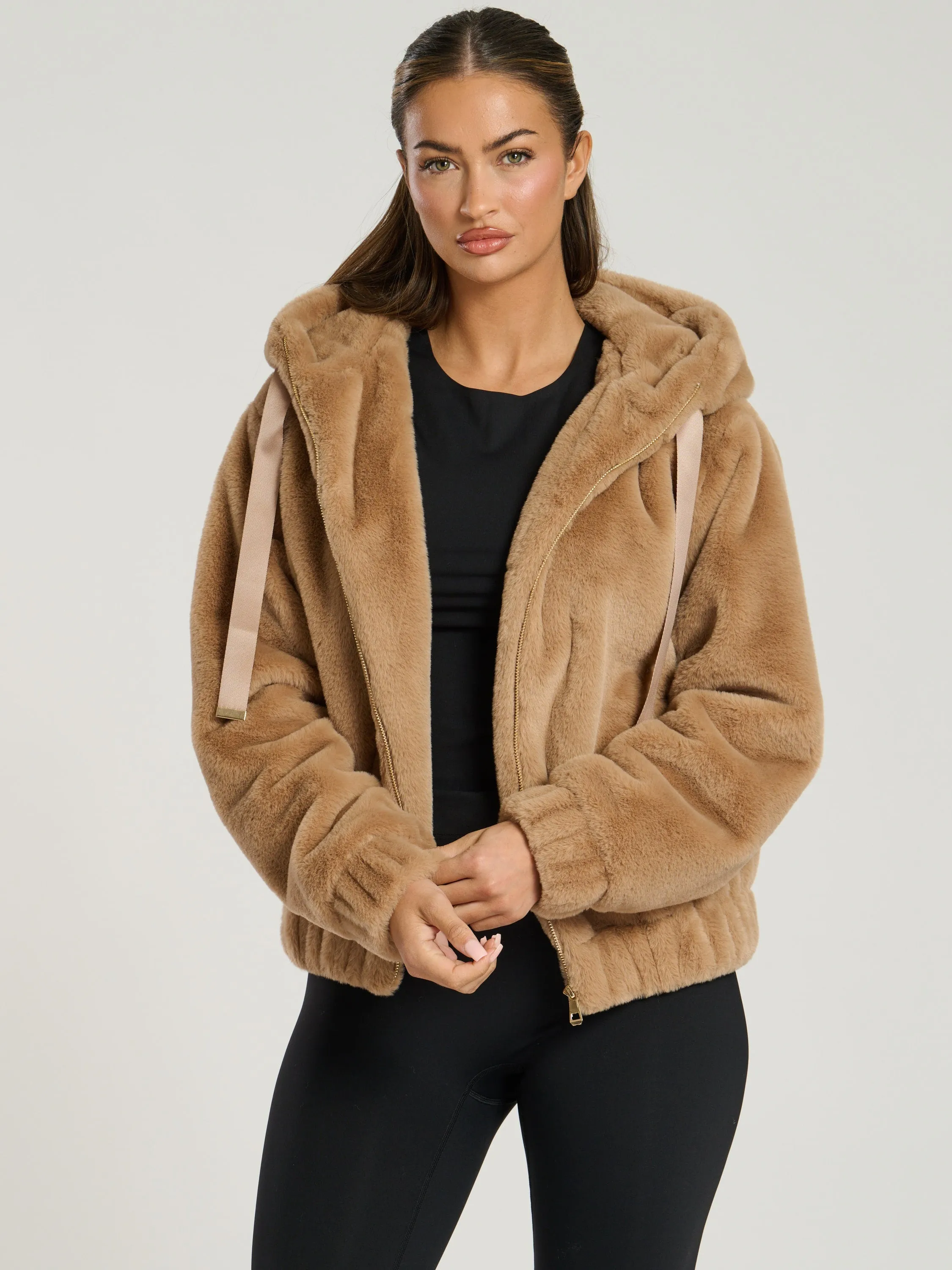 The 'Hibernal' faux fur hooded jacket in toffee