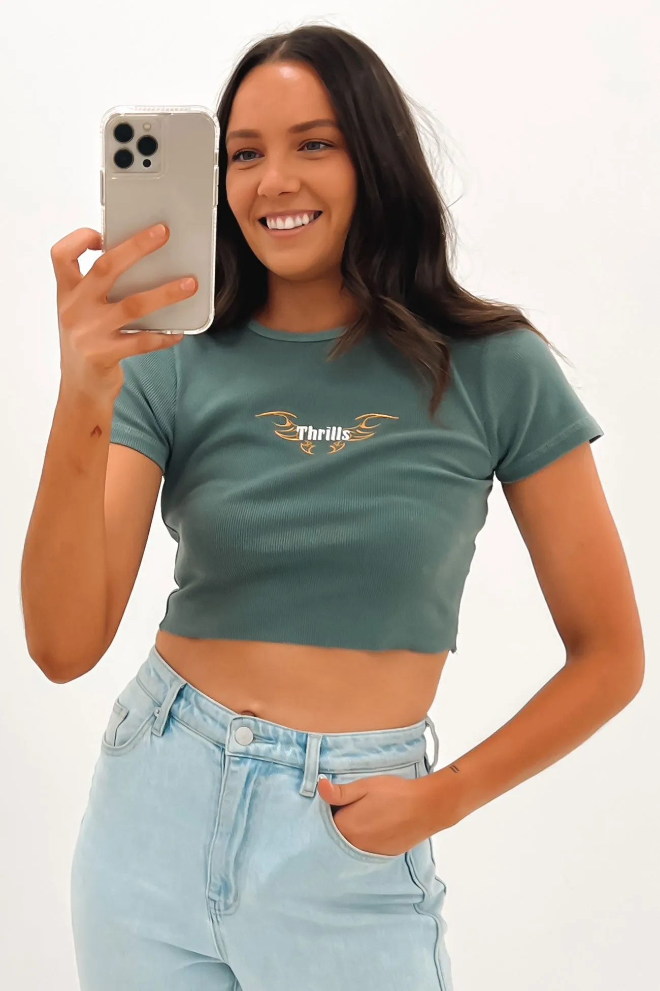 Thrills Golden Wing Baby Crop Tee Scrubs Green