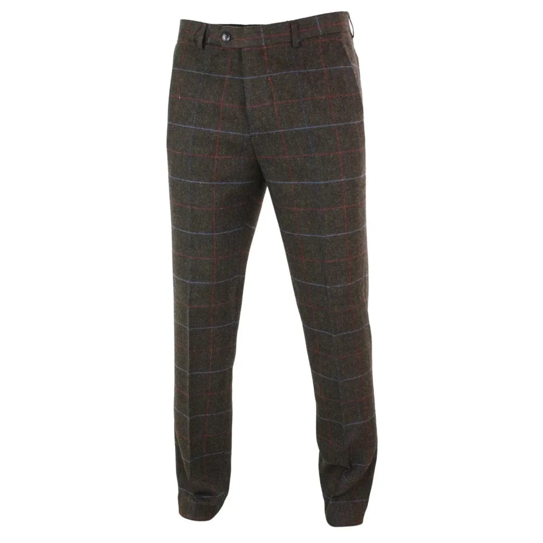 Tommy - Men's Herringbone Tweed Check Brown Trousers