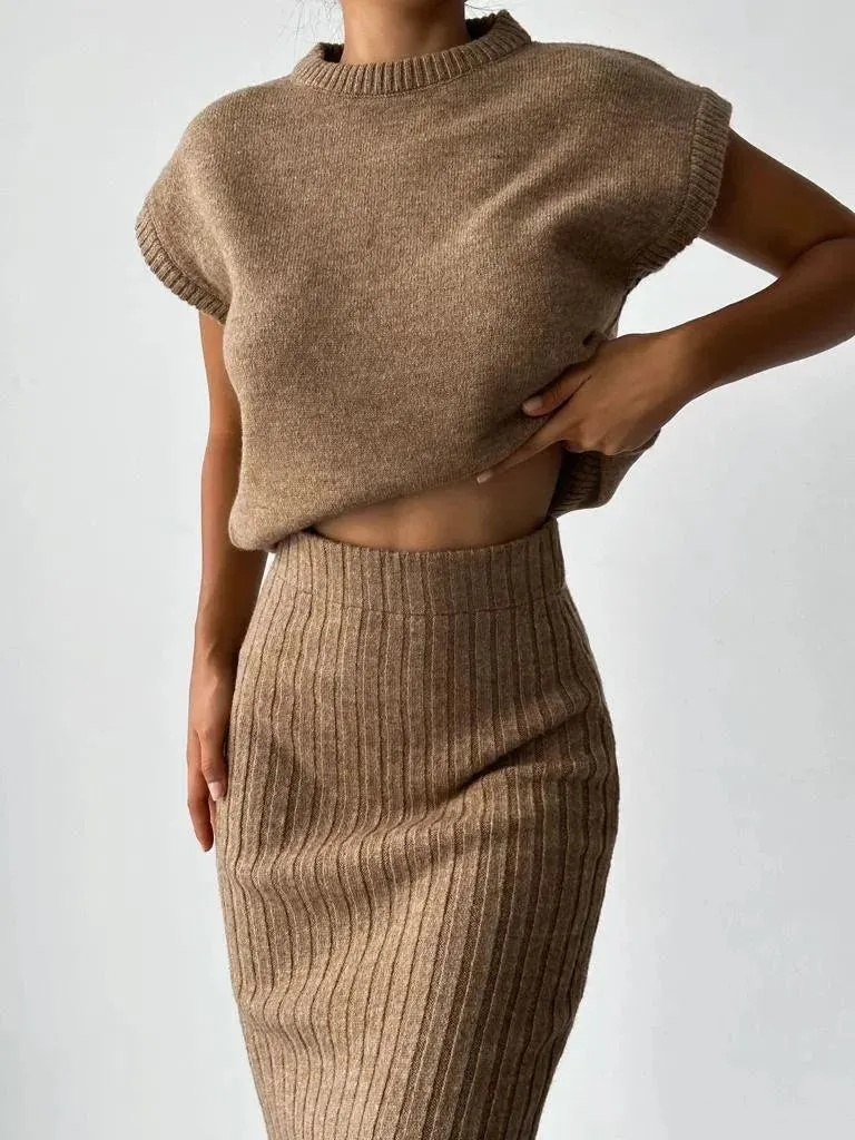 Trendy Knitted Crop Top and Skirt