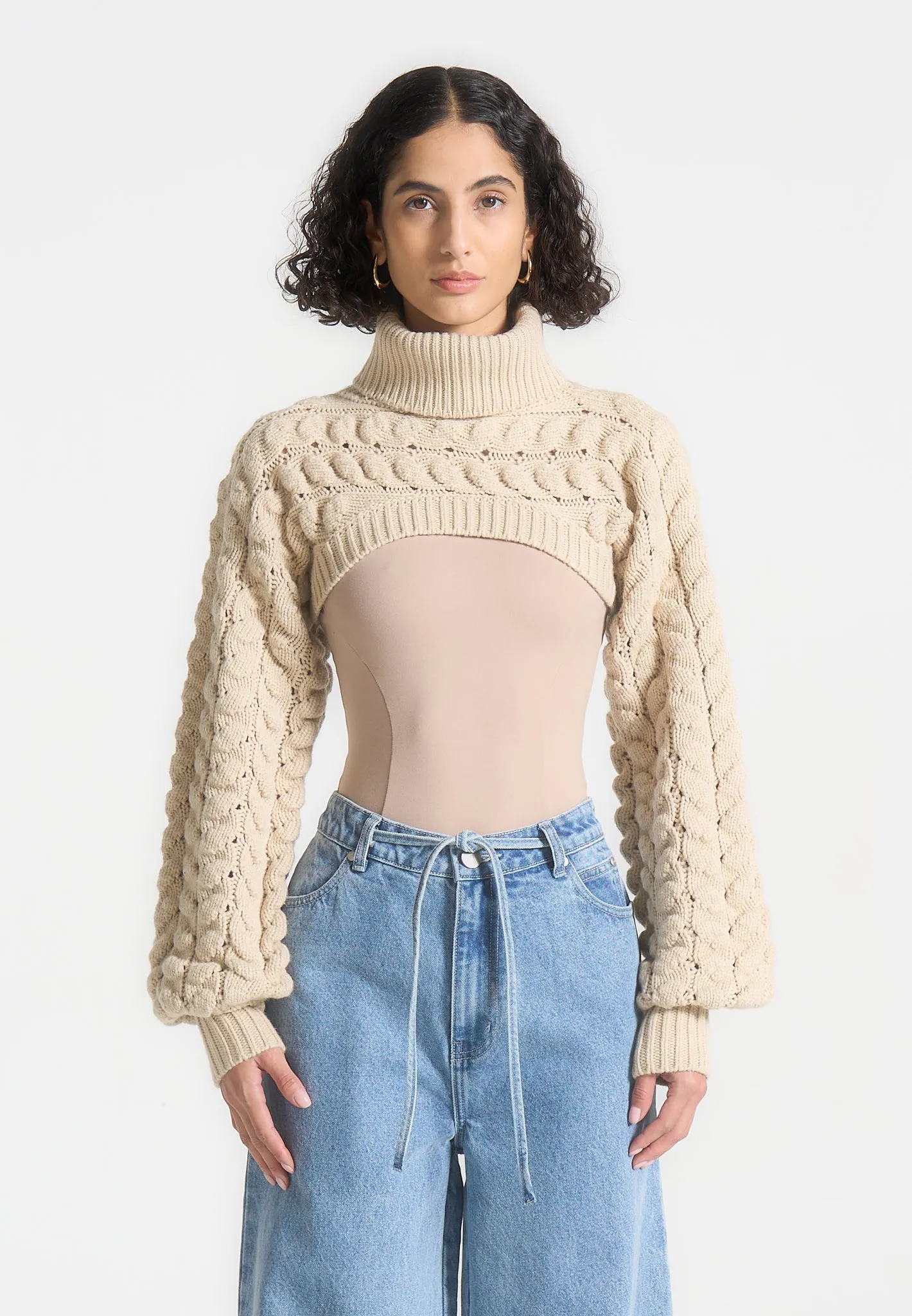 Turtleneck Cable Knit Arm Warmers - Beige