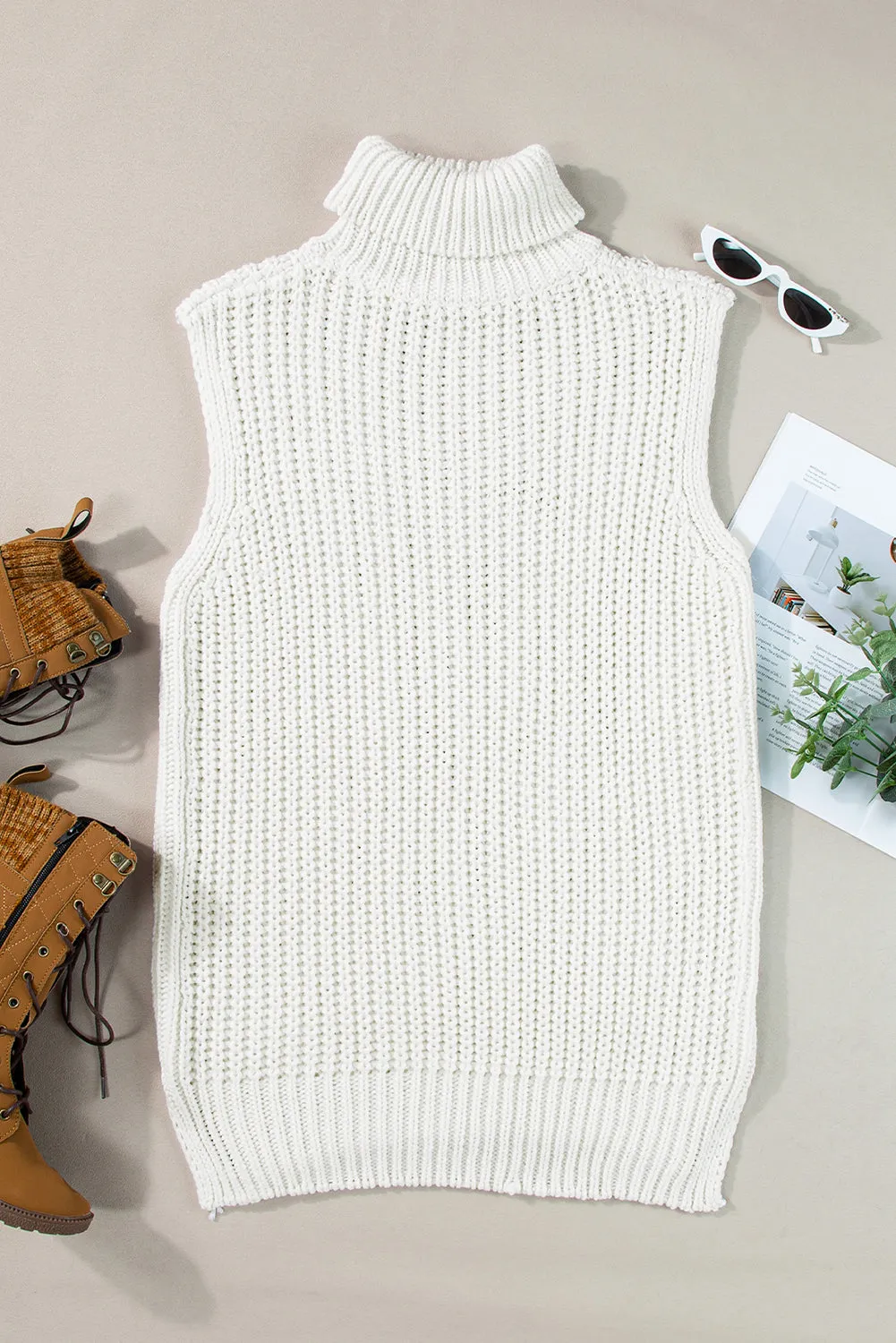 Turtleneck Knitted Slit Hem Sweater Vest